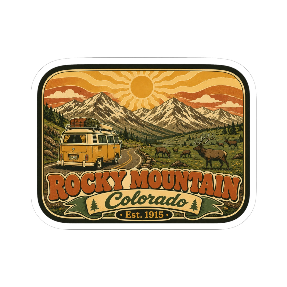 Vintage camper van sticker with Rocky Mountain Colorado text, rounded white border.