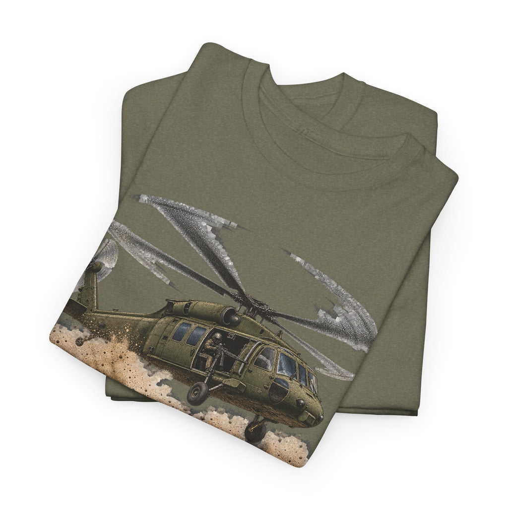 Olive green crewneck t-shirt with helicopter graphic across front