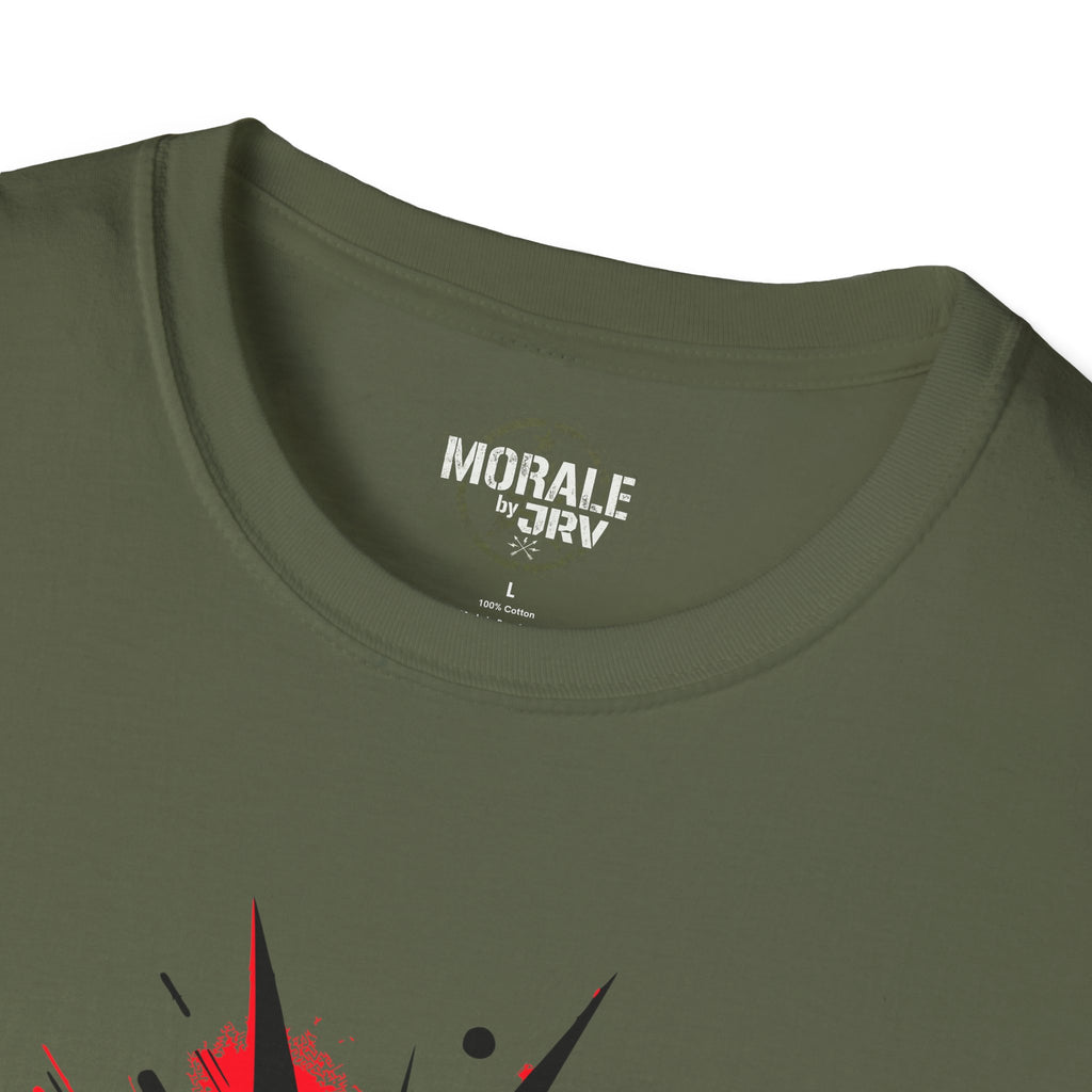 Military green crewneck collar with white logo text and small fabric content print