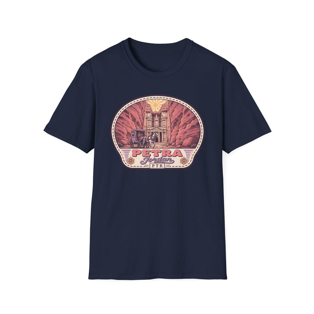 Navy graphic t-shirt with circular Petra tomb illustration on the front