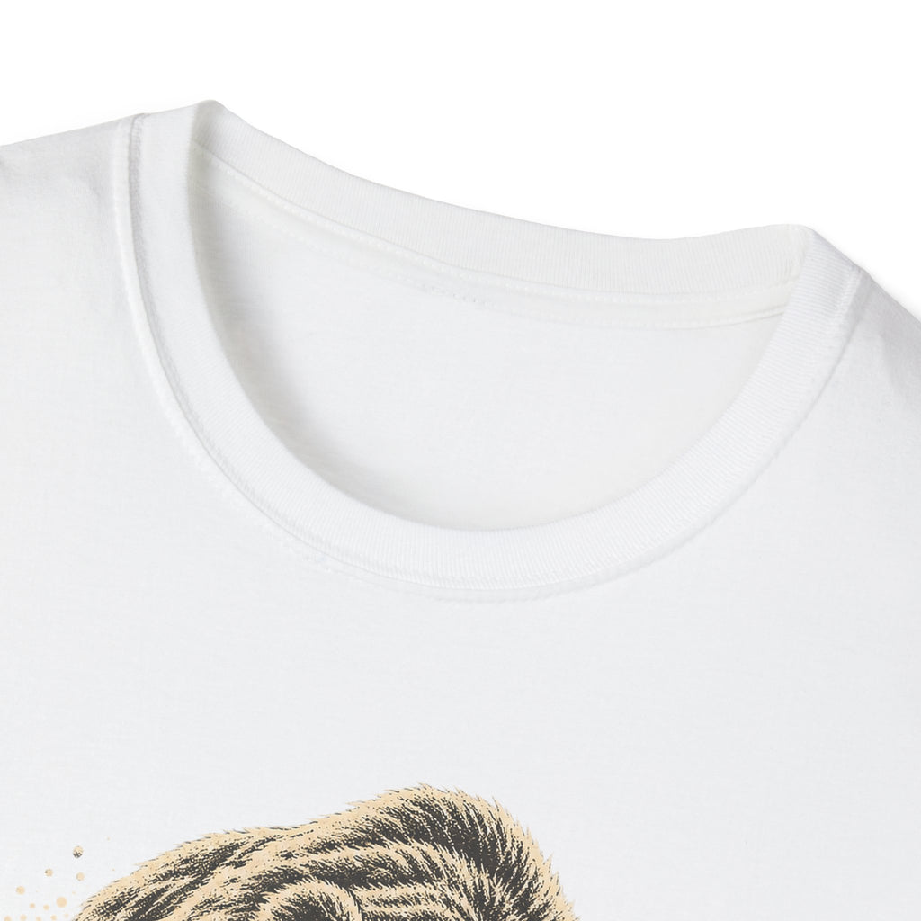 White T-shirt neckline close-up with partial vintage bear graphic at chest.