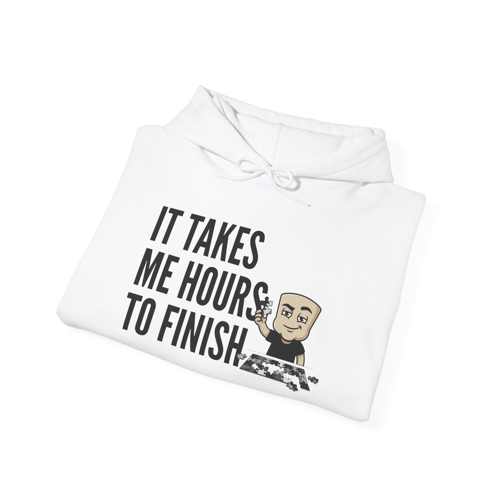 White hoodie with hood and front pocket; folded with chess-themed graphic on front.