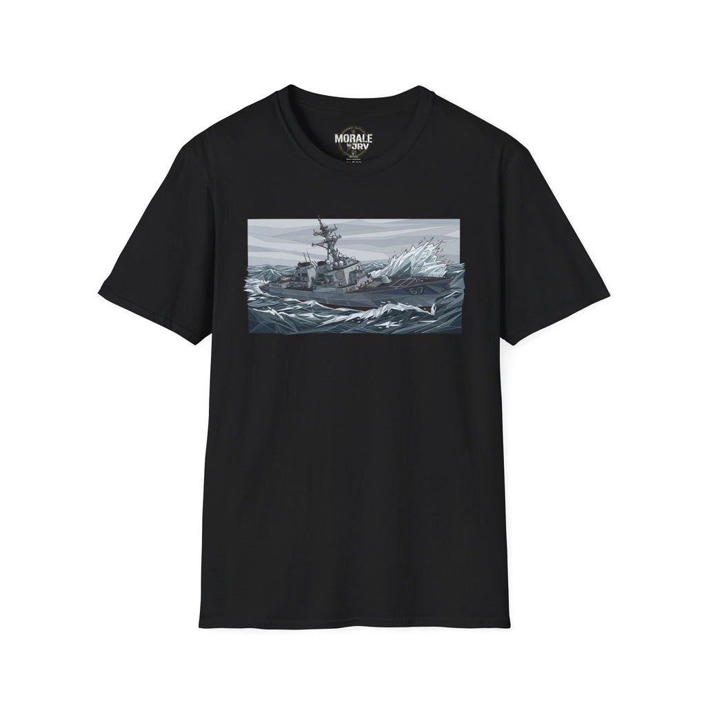 Black T-shirt with battleship and choppy waves graphic on the front