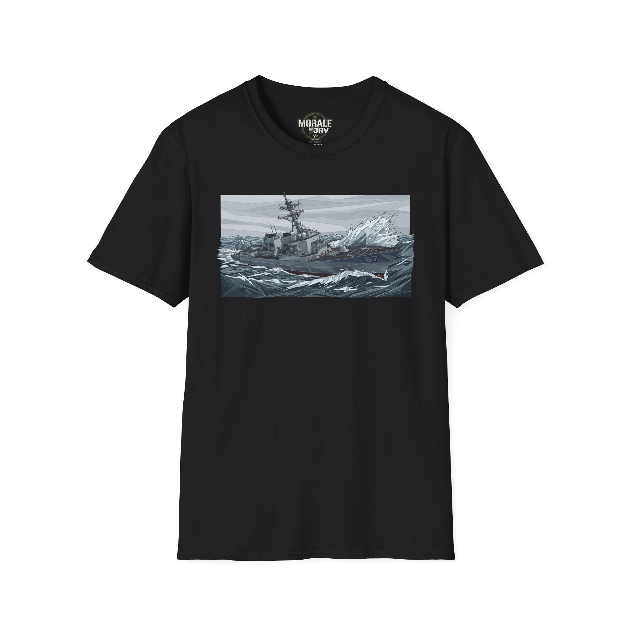 Black T-shirt with battleship and choppy waves graphic on the front