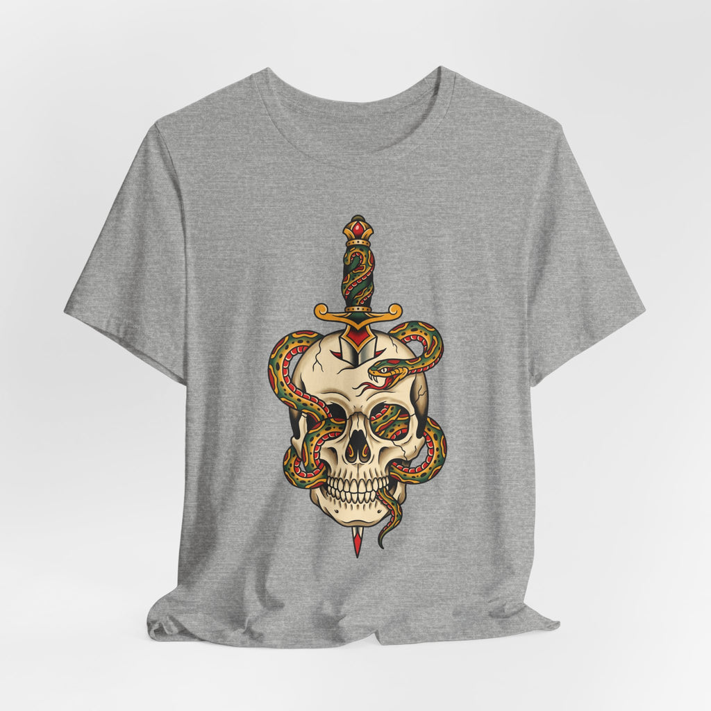 Heather grey T-shirt with large colorful snake skull and dagger graphic on front
