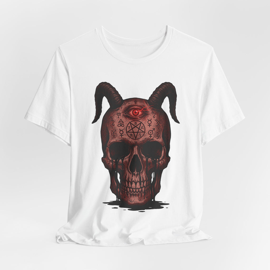 White unisex T-shirt with centered horned skull demon graphic