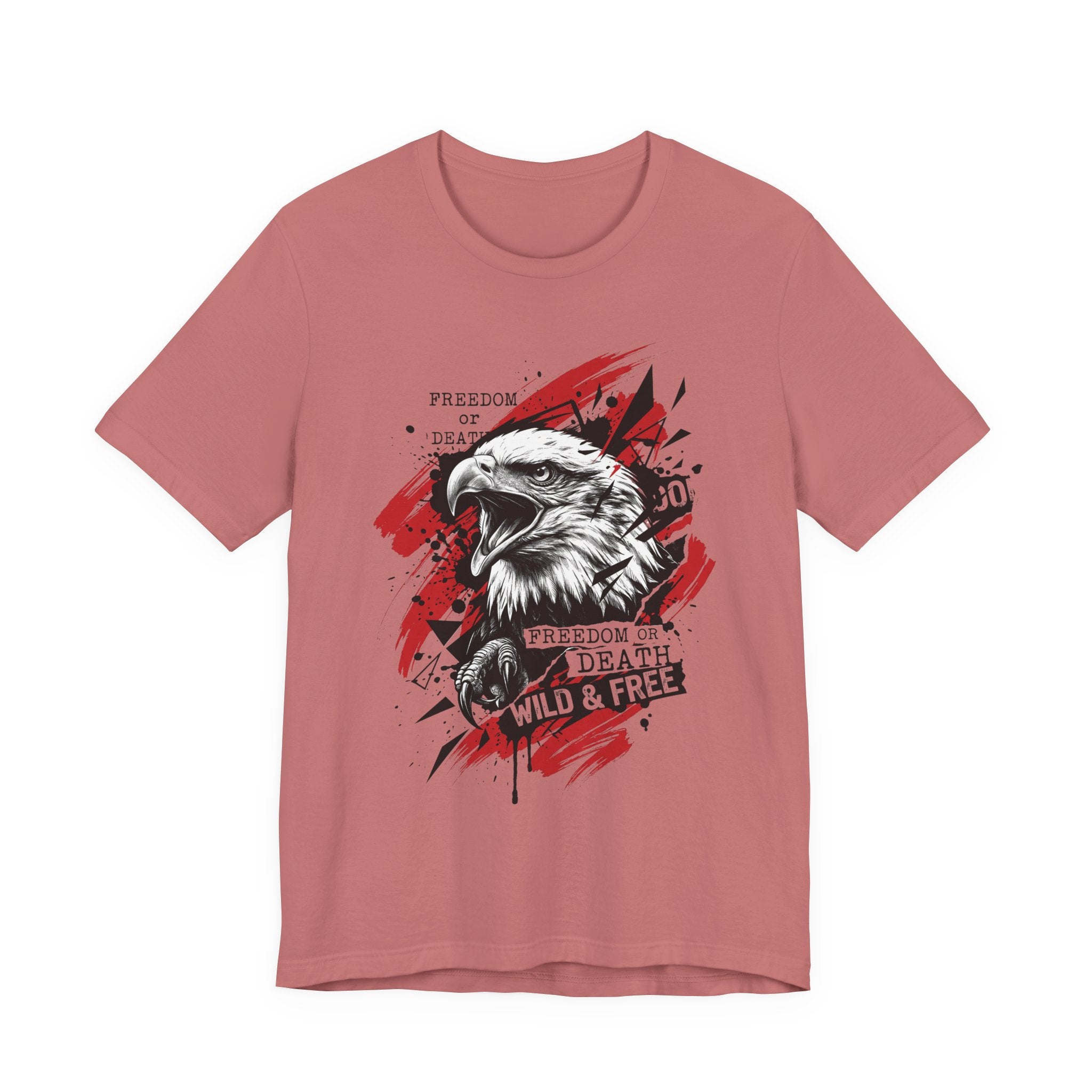 Rose/pink eagle graphic T-shirt with red splatter circle and front eagle head print