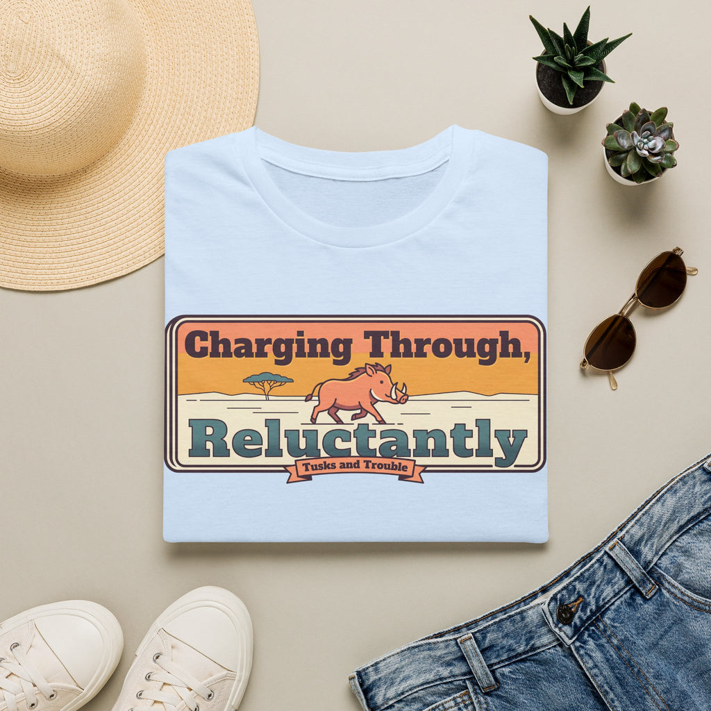 Light blue short-sleeve T-shirt with “Charging Through… Reluctantly” pig graphic
