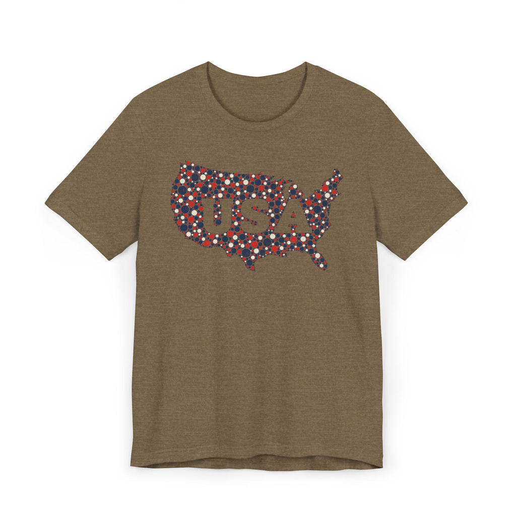 Brown T-shirt with colorful floral USA outline graphic and "USA" text