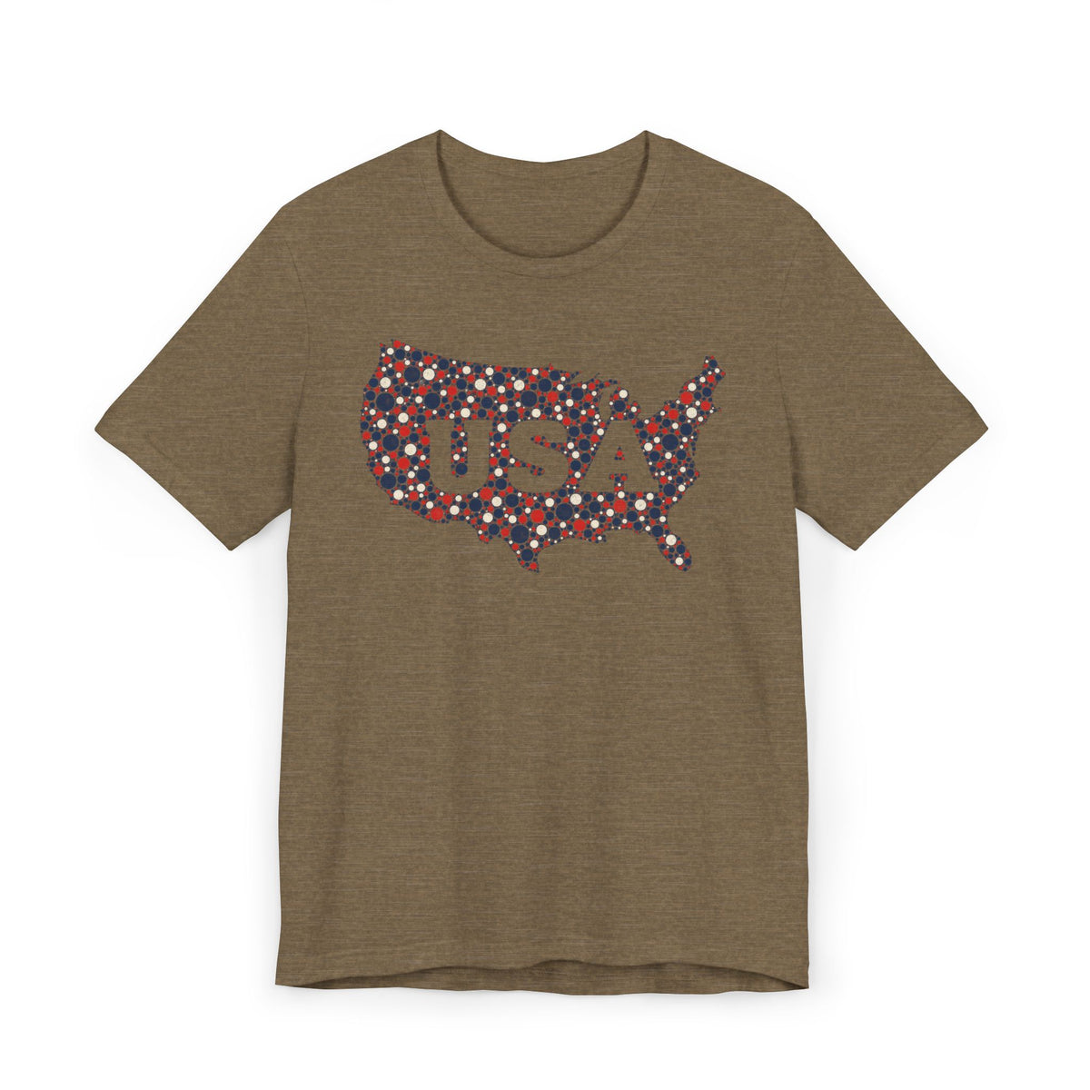 Brown T-shirt with colorful floral USA outline graphic and "USA" text