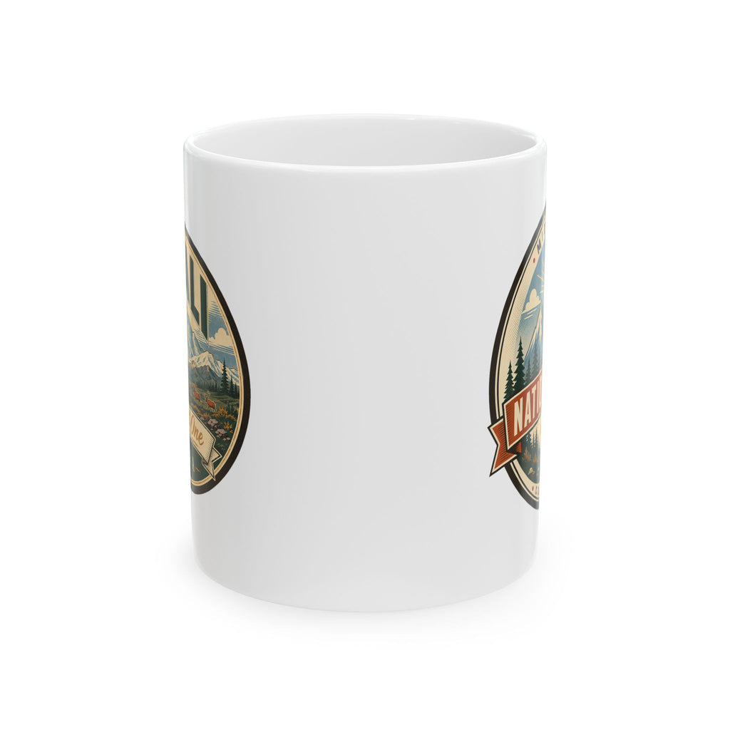 White ceramic mug with two vintage-style national park badge graphics on side