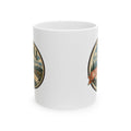 White ceramic mug with two vintage-style national park badge graphics on side