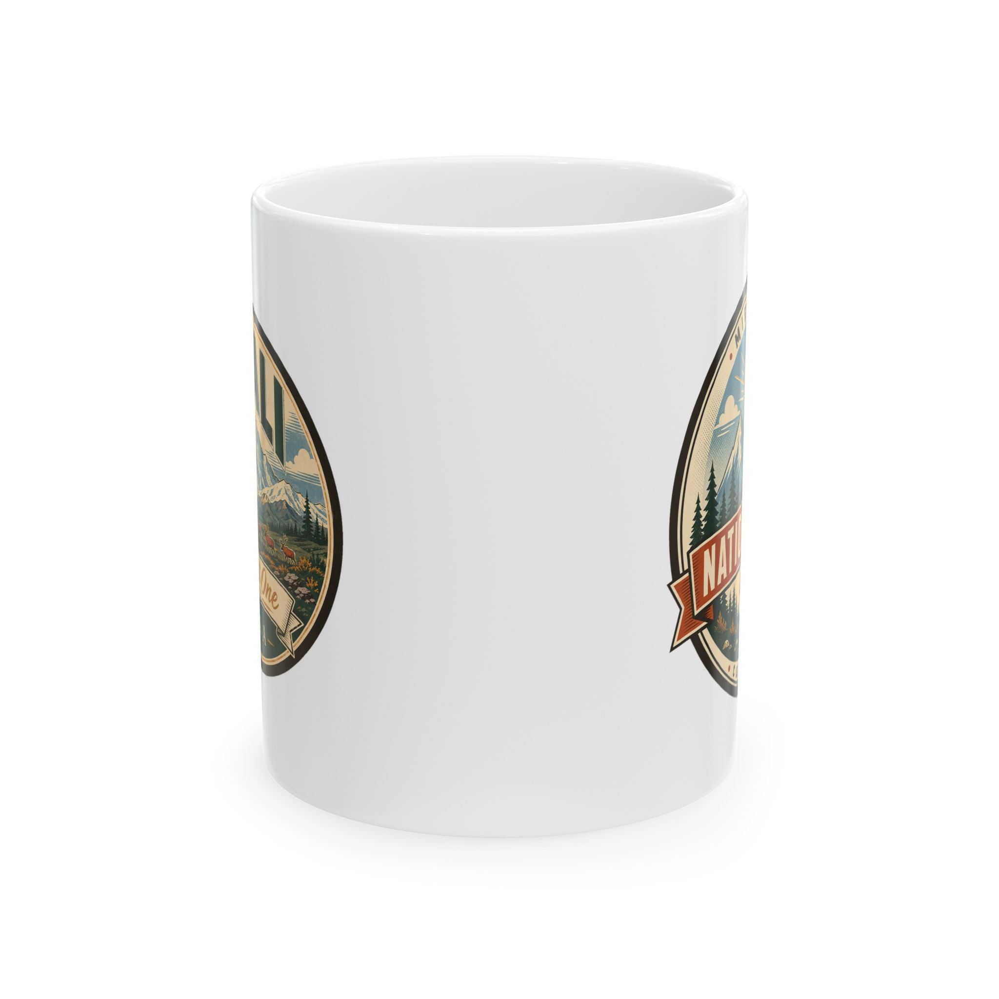 White ceramic mug with two vintage-style national park badge graphics on side