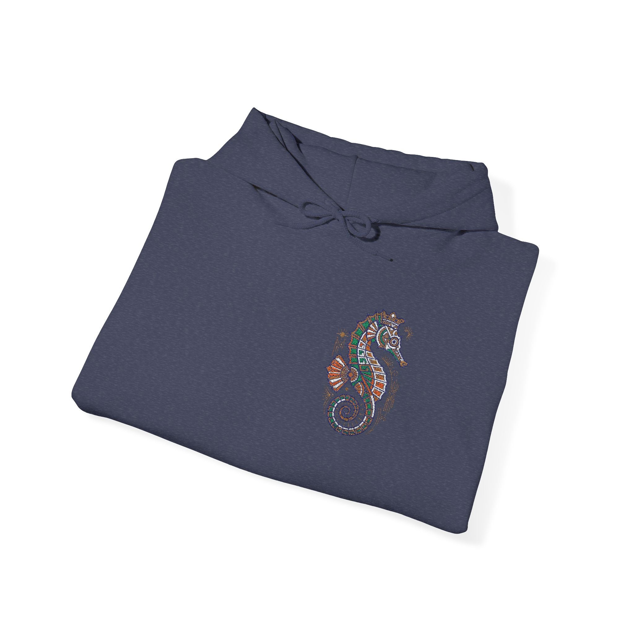 Navy hoodie with colorful seahorse graphic on the chest