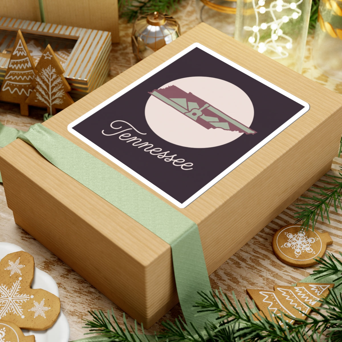 Tennessee decal sticker on gift box top with “Tennessee” script lettering