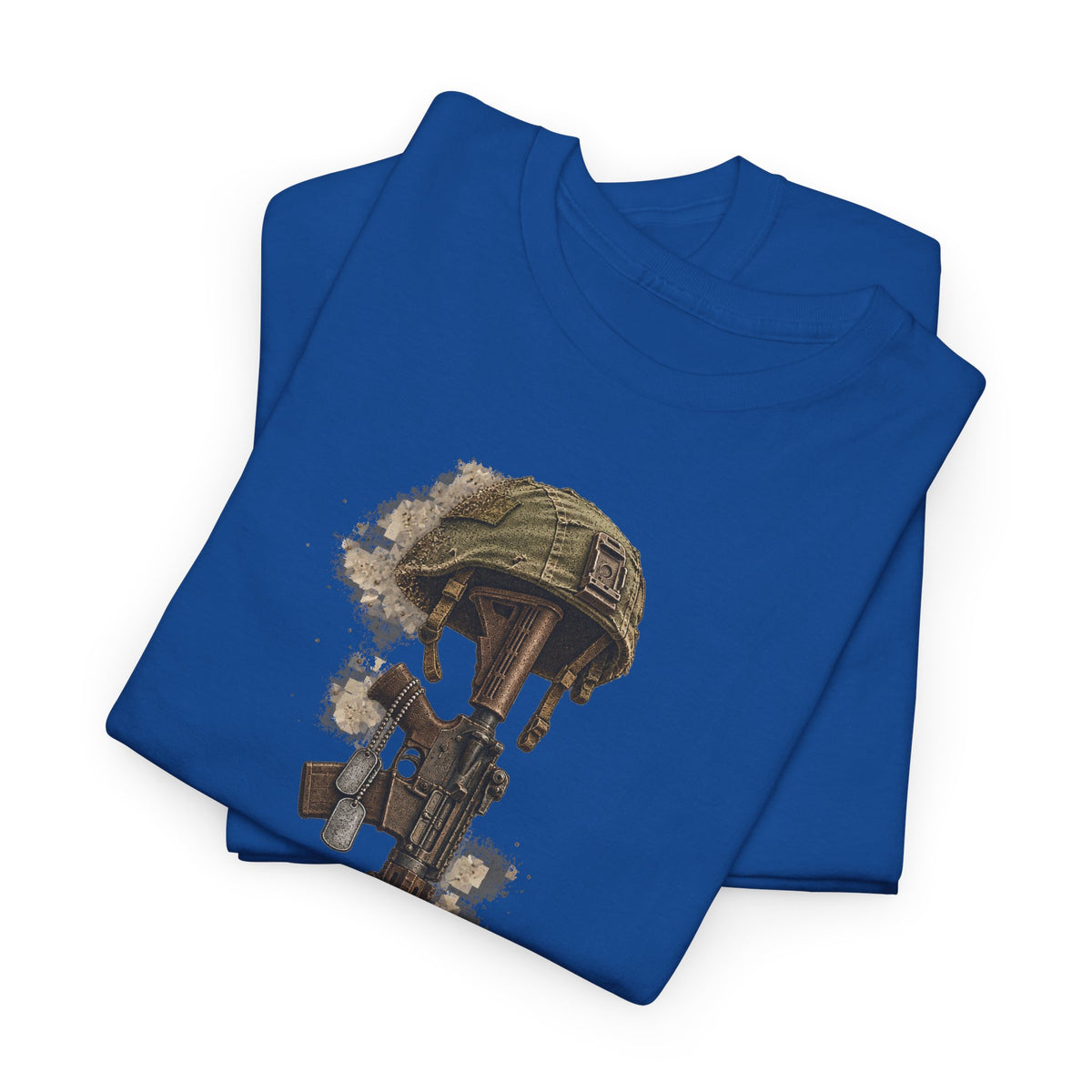 Royal blue memorial tribute t-shirt with printed fallen soldier helmet and boots graphic