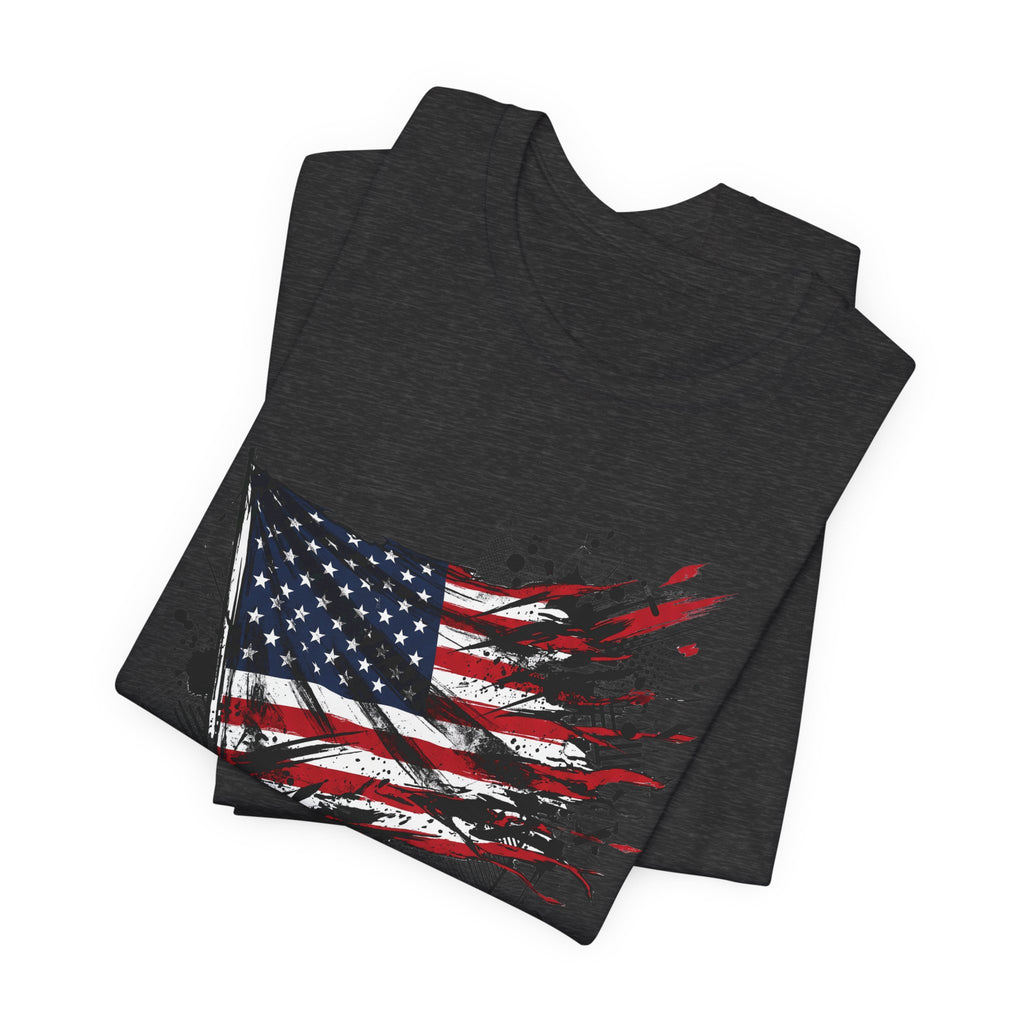 Dark grey distressed American flag graphic t-shirt, short sleeves, crew neck