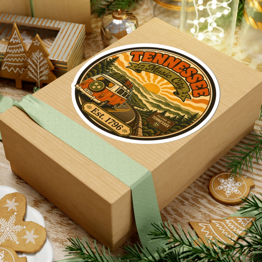 Round Tennessee Music City sticker on gift box, orange sunset road scene and Est. 1796