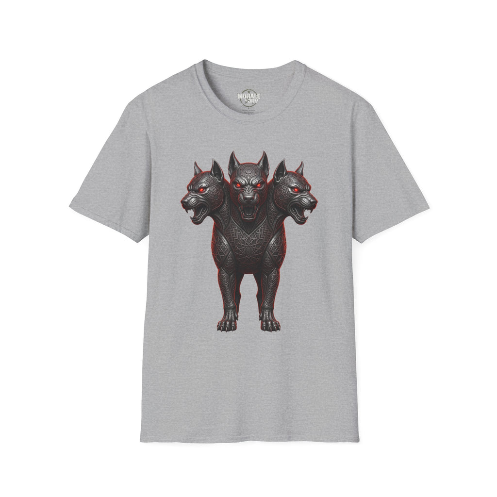 Sport Grey three-headed Cerberus dog T-shirt with red-eyed gothic front print
