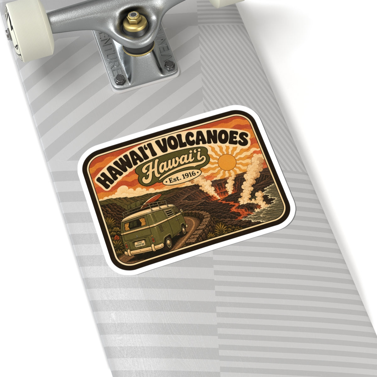 Kiss-cut travel sticker with retro Hawaii Volcanoes design on gray striped surface