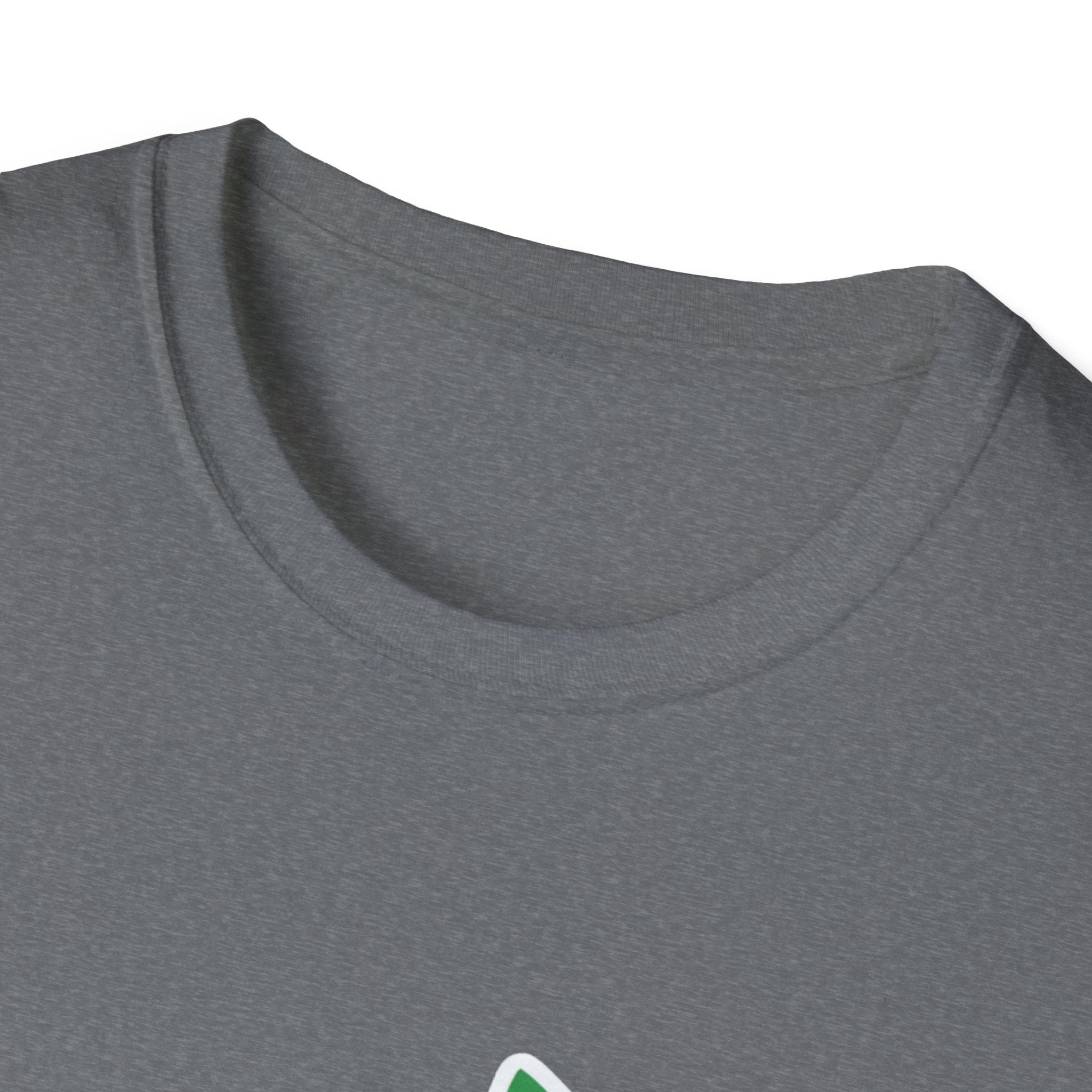 Virginia state T‑shirt neckline close-up, dark heather grey crew neck