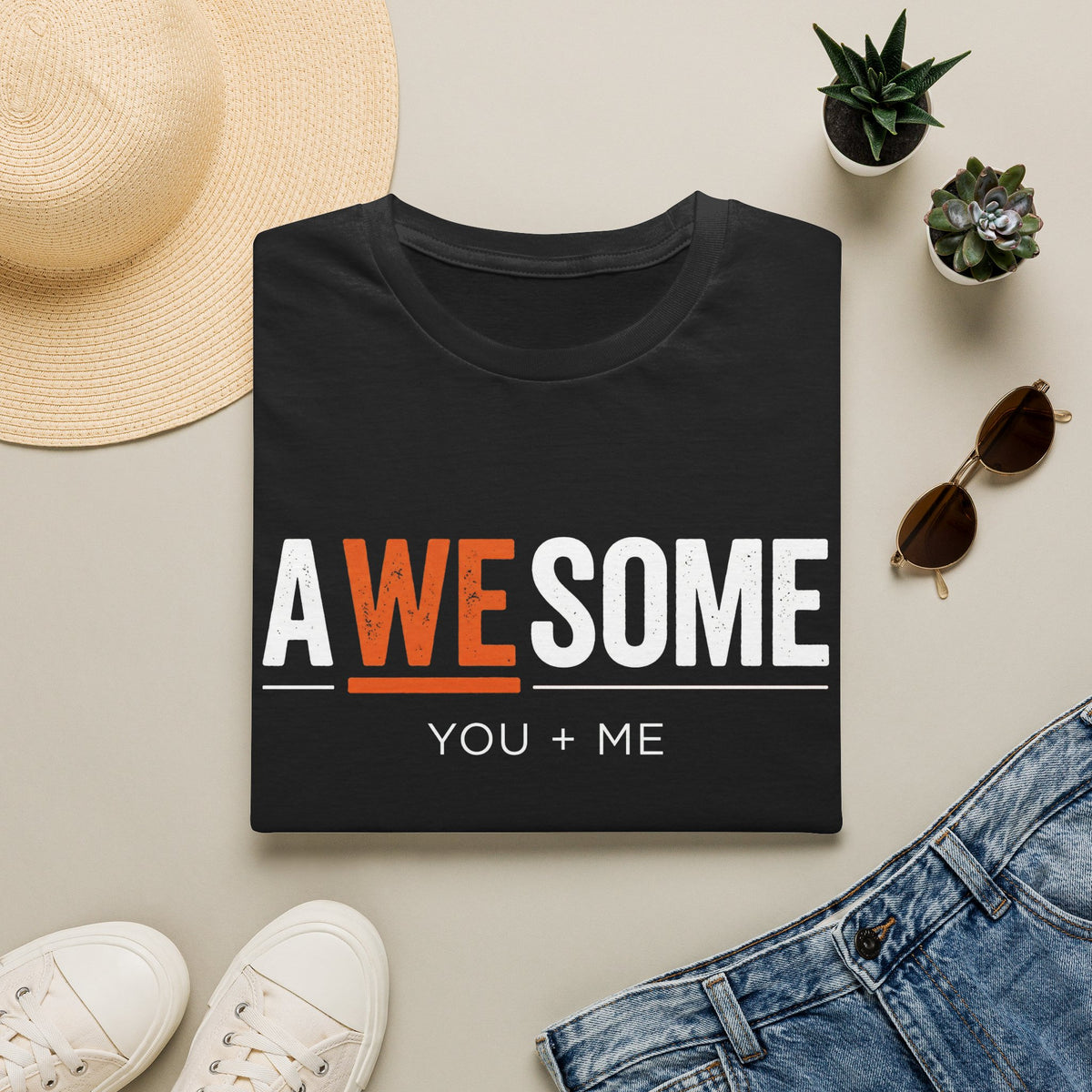 Dark t-shirt with front “AWESOME” typography and “YOU + ME” text