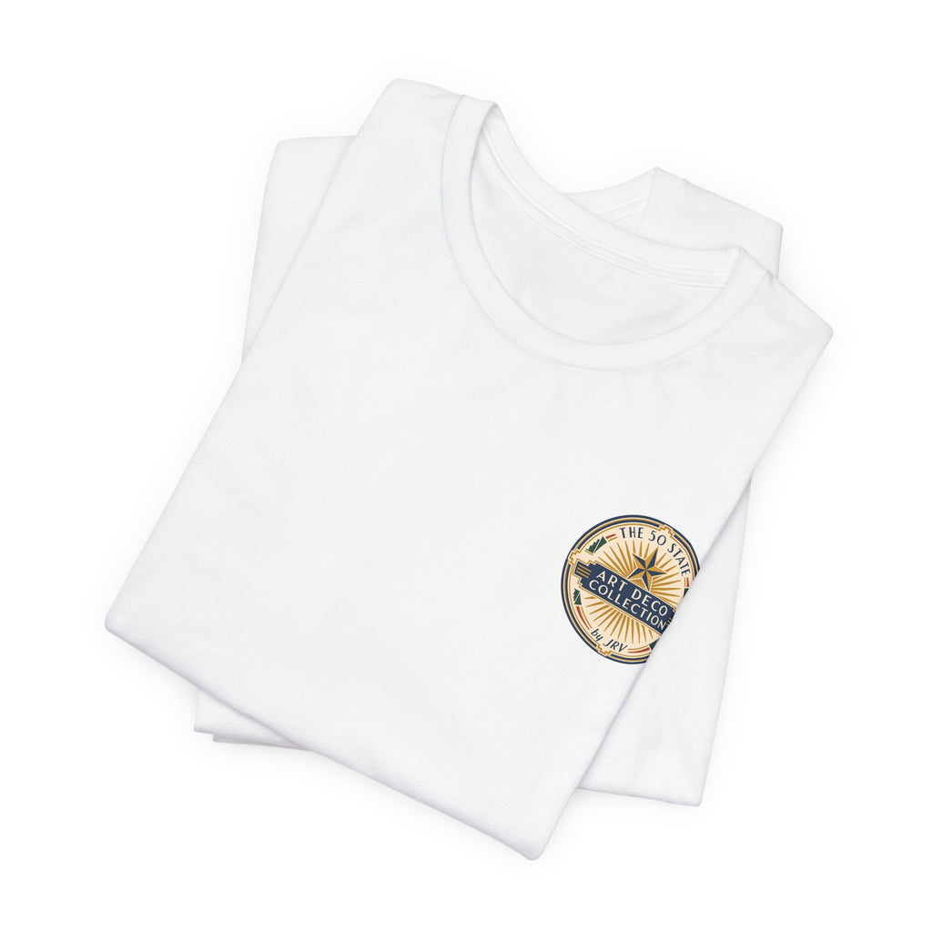 White folded T-shirt with small round chest badge