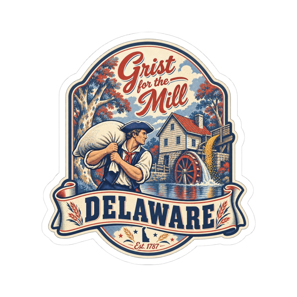Delaware state pride sticker with vintage mill, river wheel, and DELAWARE lettering