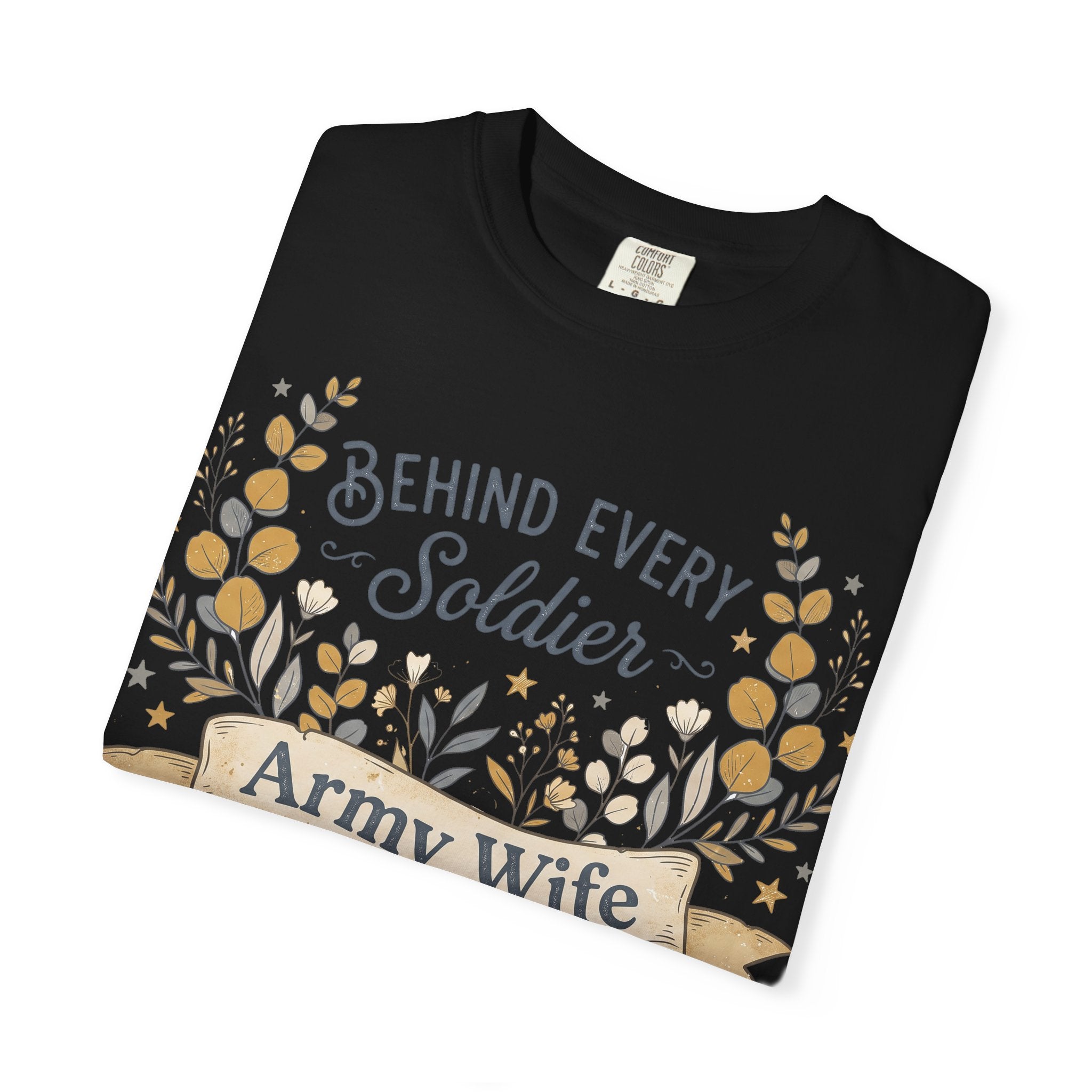 Black crewneck T-shirt with floral 'Behind Every Soldier' graphic