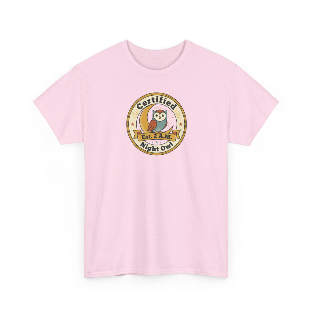 Pink crewneck T-shirt with round night owl badge graphic
