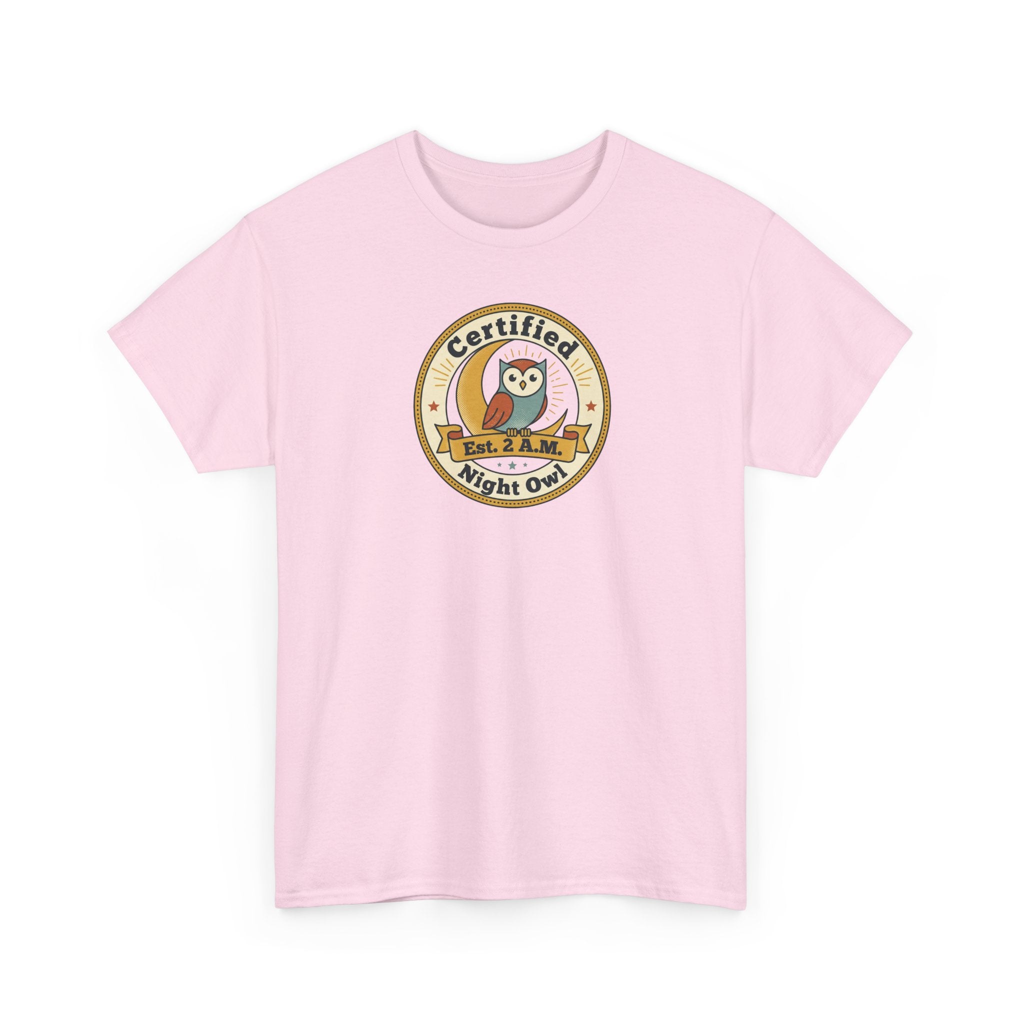 Pink crewneck T-shirt with round night owl badge graphic