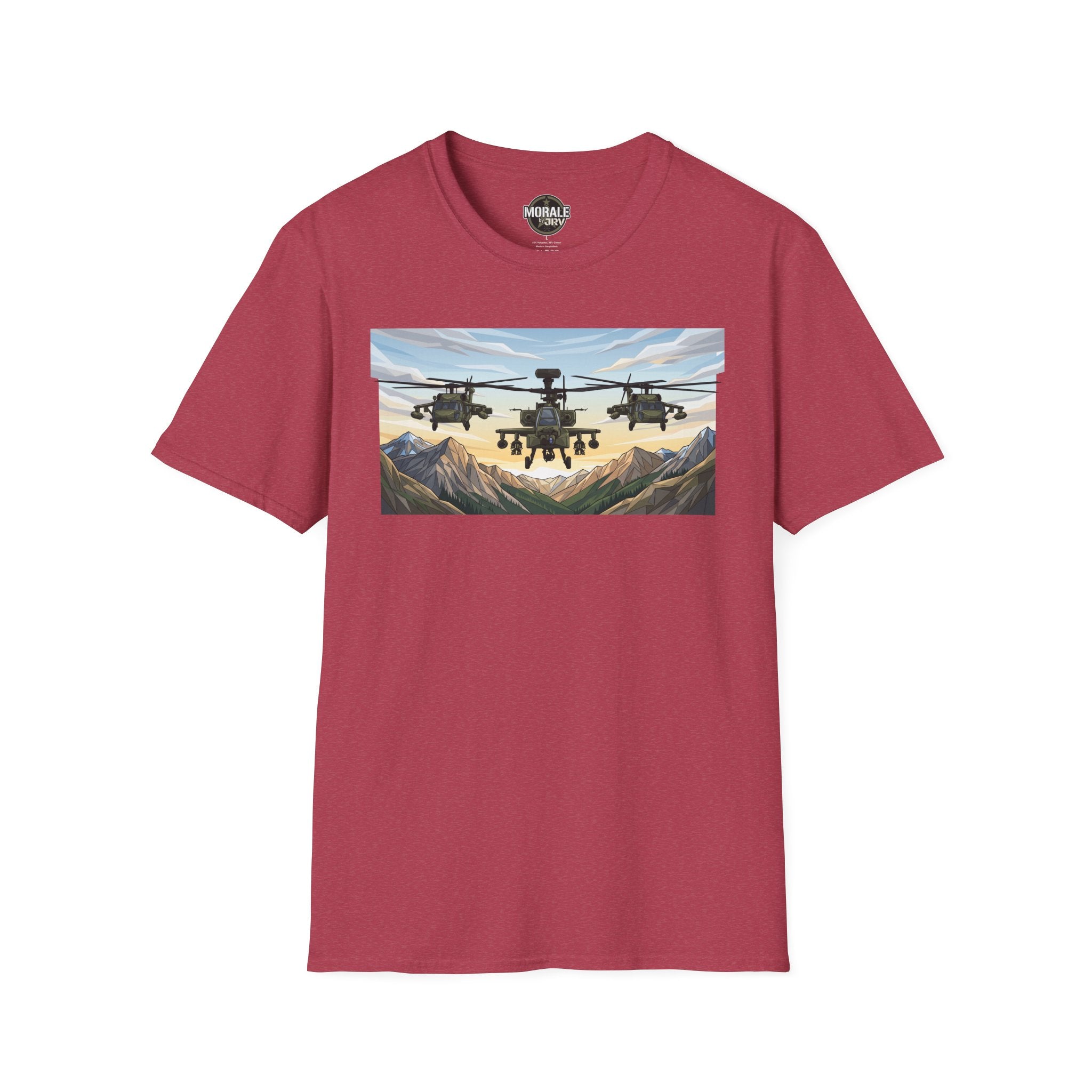 Heather Cardinal T-shirt with helicopter artwork over mountain valley backdrop