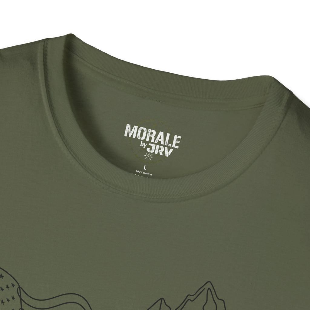 Olive green T-shirt neckline close-up with brand logo on inner neck