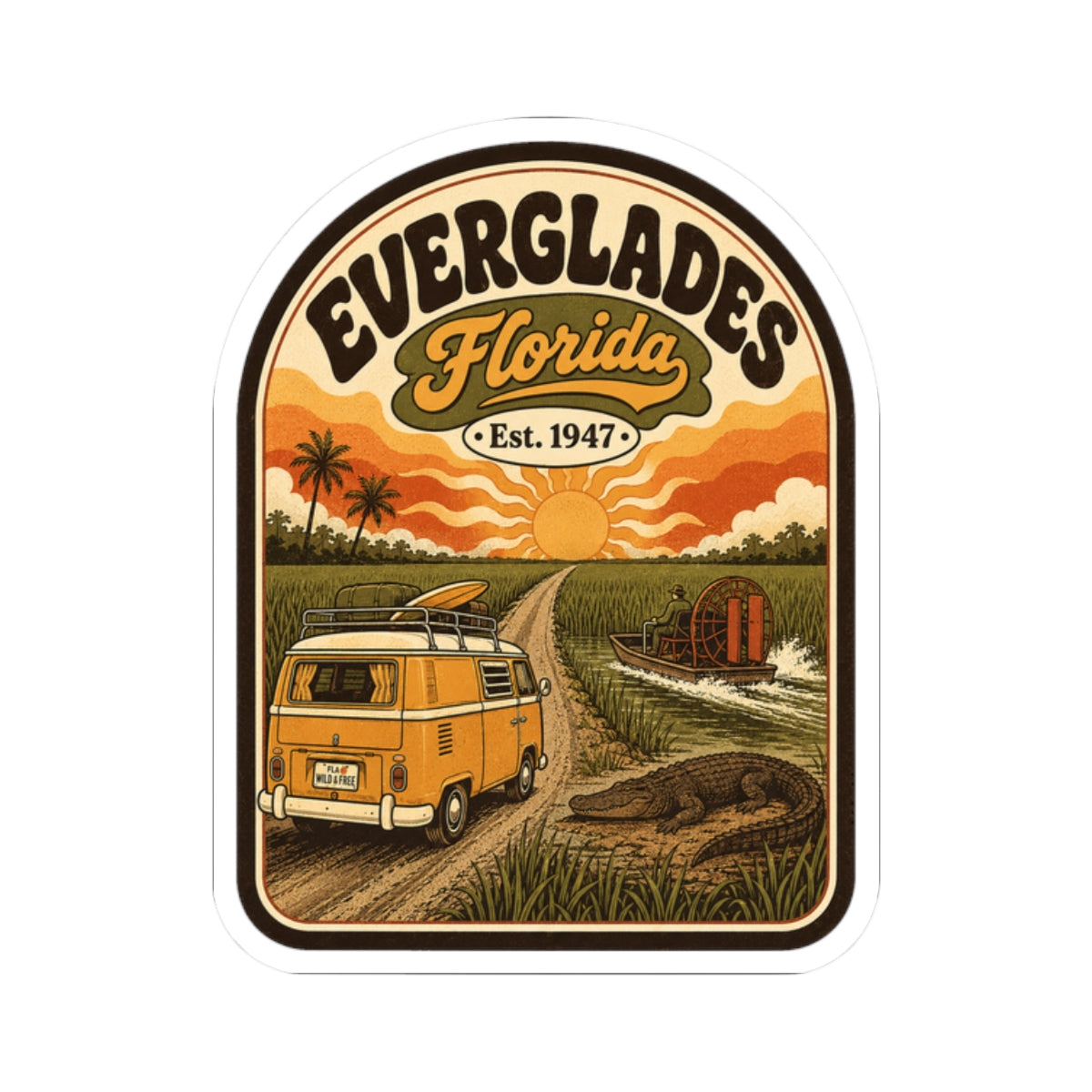 Everglades Florida vintage camper sticker featuring orange van, boat dock, and sunset landscape