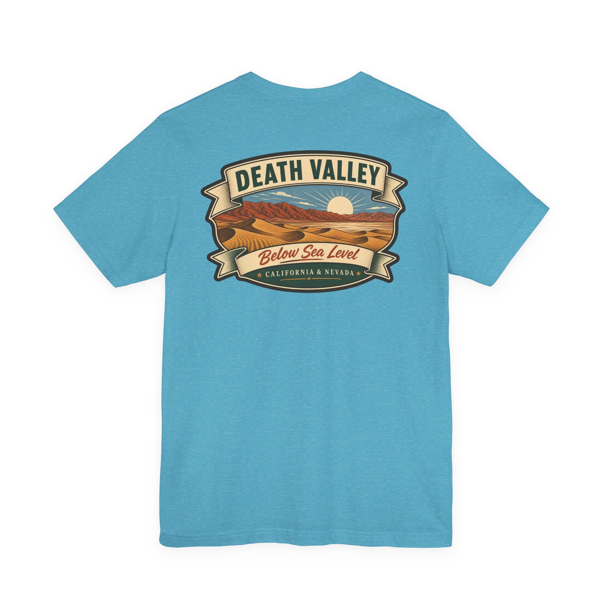 Aqua crew-neck T-shirt with large Death Valley ribbon landscape graphic