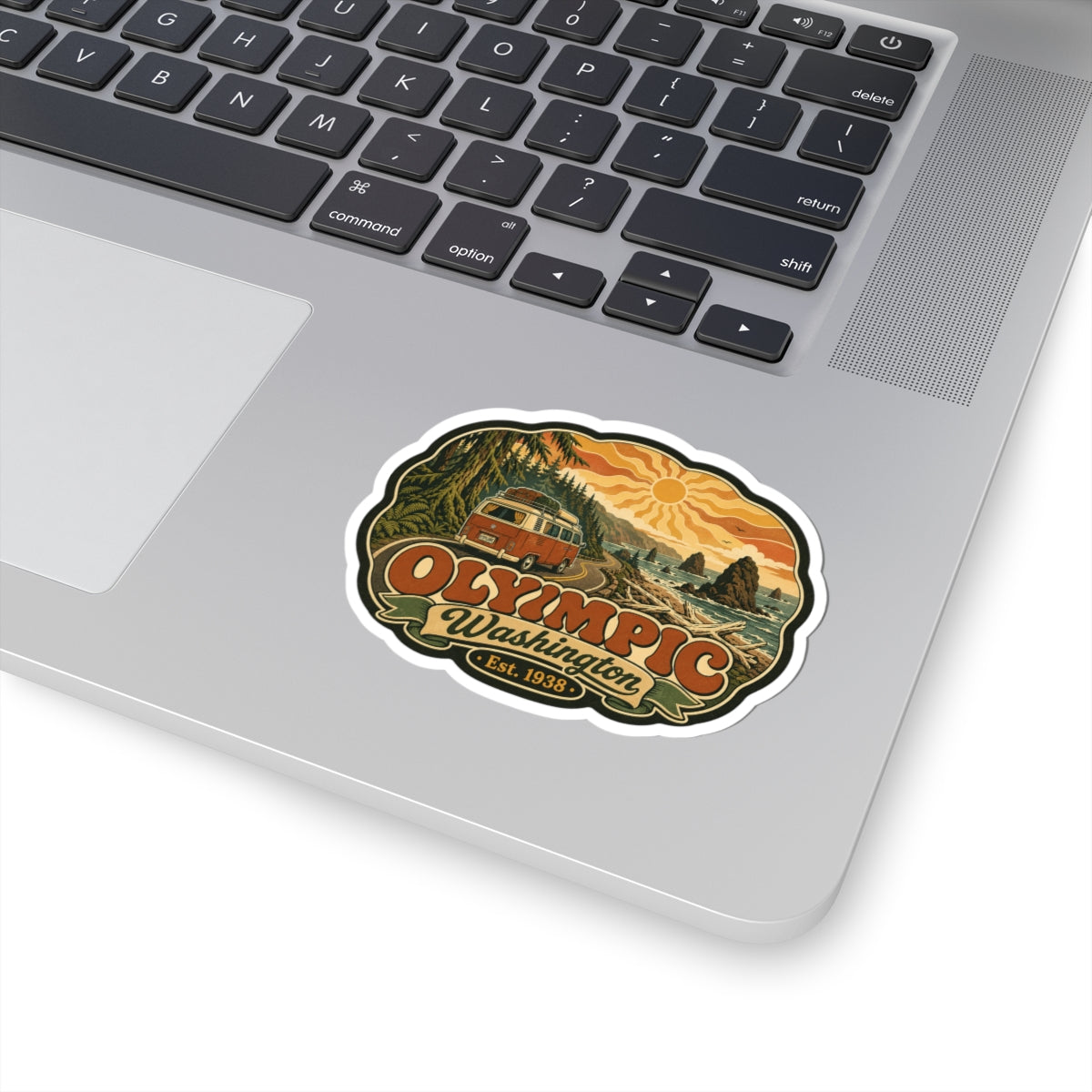Die-cut sticker with white outline displaying vintage camper van and “Olympic Washington”, Est. 1938