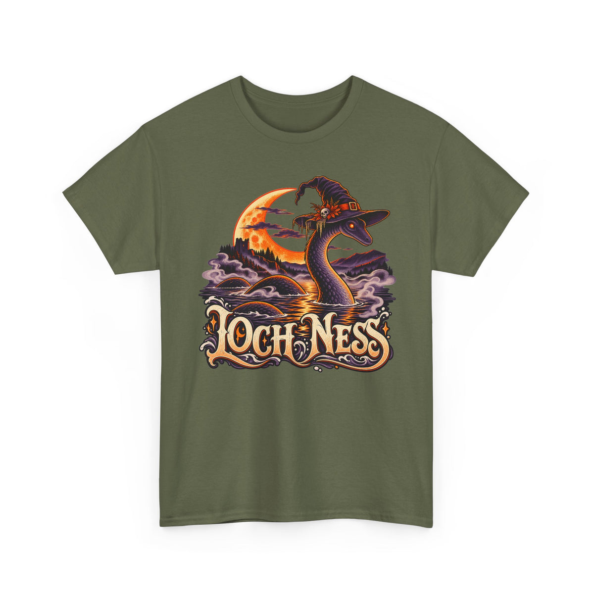 Dark green crewneck T-shirt with Loch Ness monster wearing witch hat graphic