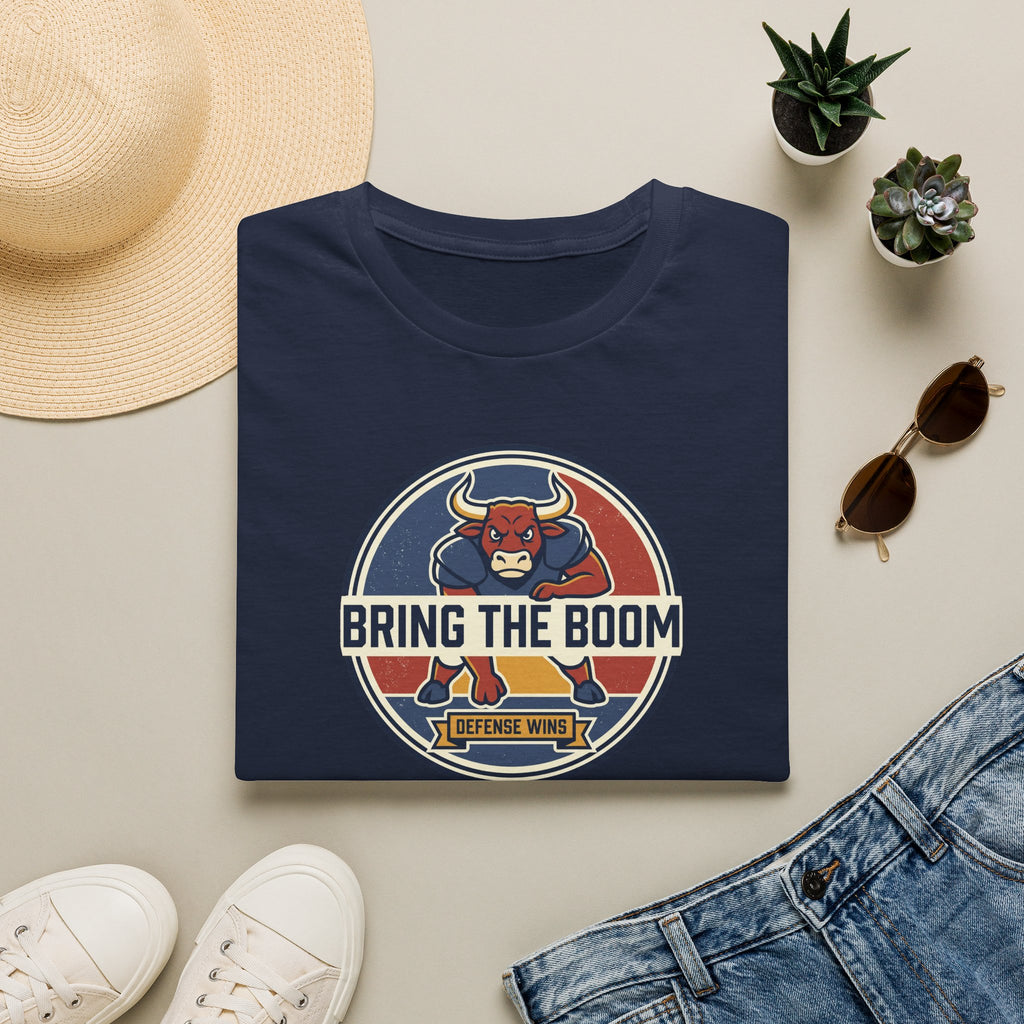 Navy T-shirt with circular bull mascot graphic and “BRING THE BOOM” print on chest