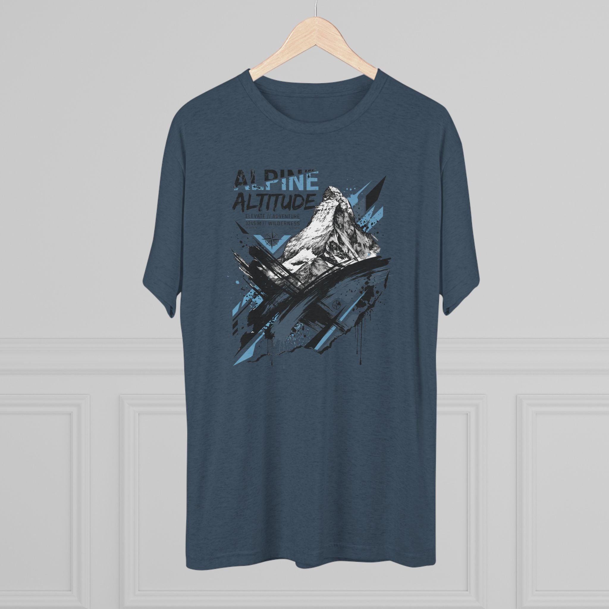 Unisex dark slate blue T-shirt with mountain peak graphic on front, crew neck