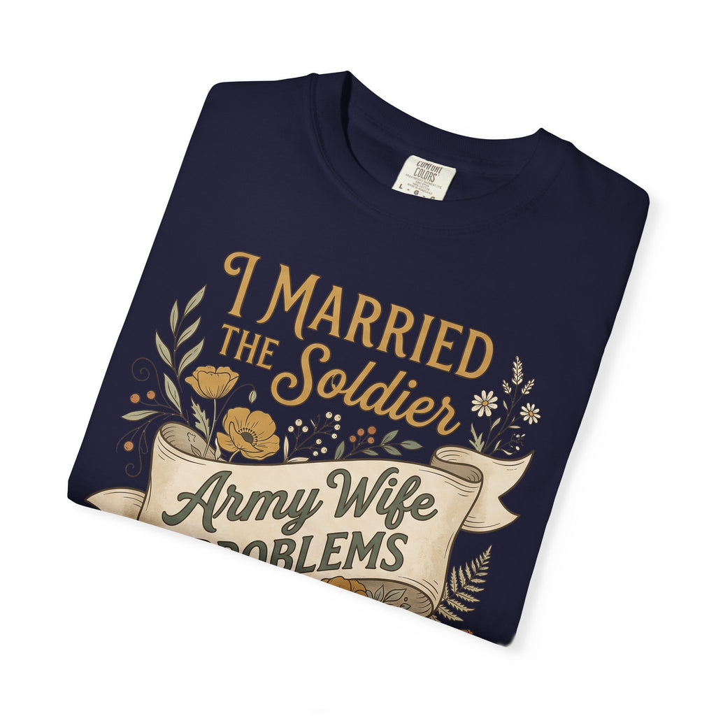 Navy crewneck T-shirt with 'I Married the Soldier' Army Wife graphic