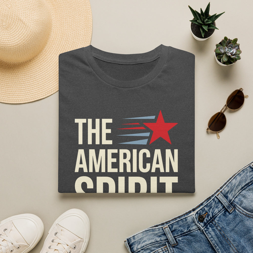 Patriotic graphic t-shirt in dark gray with 'THE AMERICAN SPIRIT' and red star