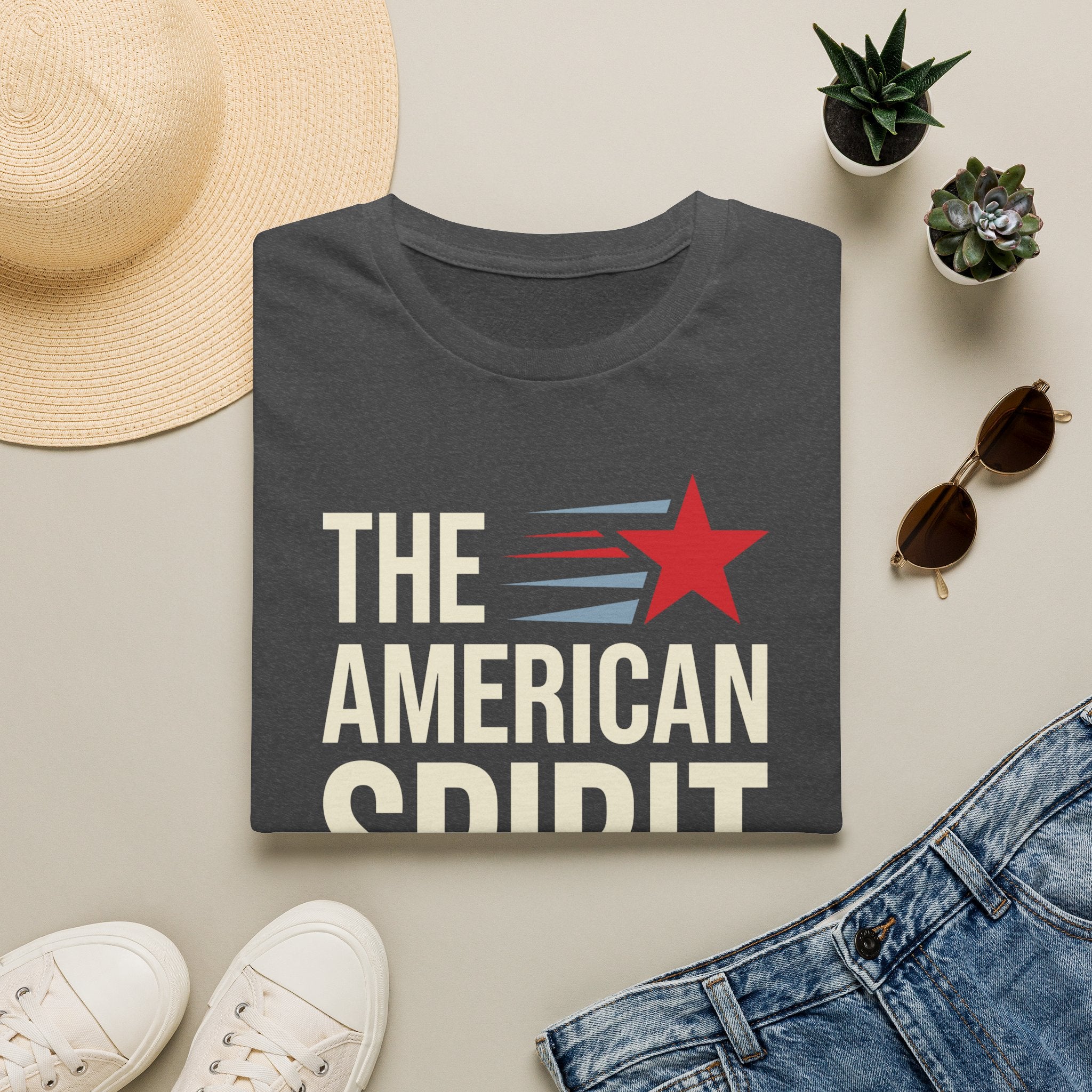 Patriotic graphic t-shirt in dark gray with 'THE AMERICAN SPIRIT' and red star