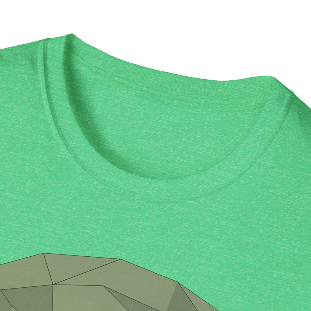 Bright green T-shirt, geometric tree print detail near neckline