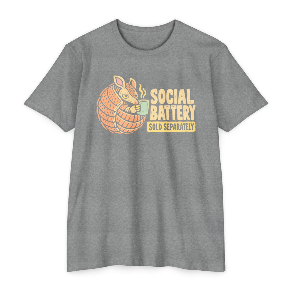Medium gray t-shirt with orange armadillo graphic and “SOCIAL BATTERY” text