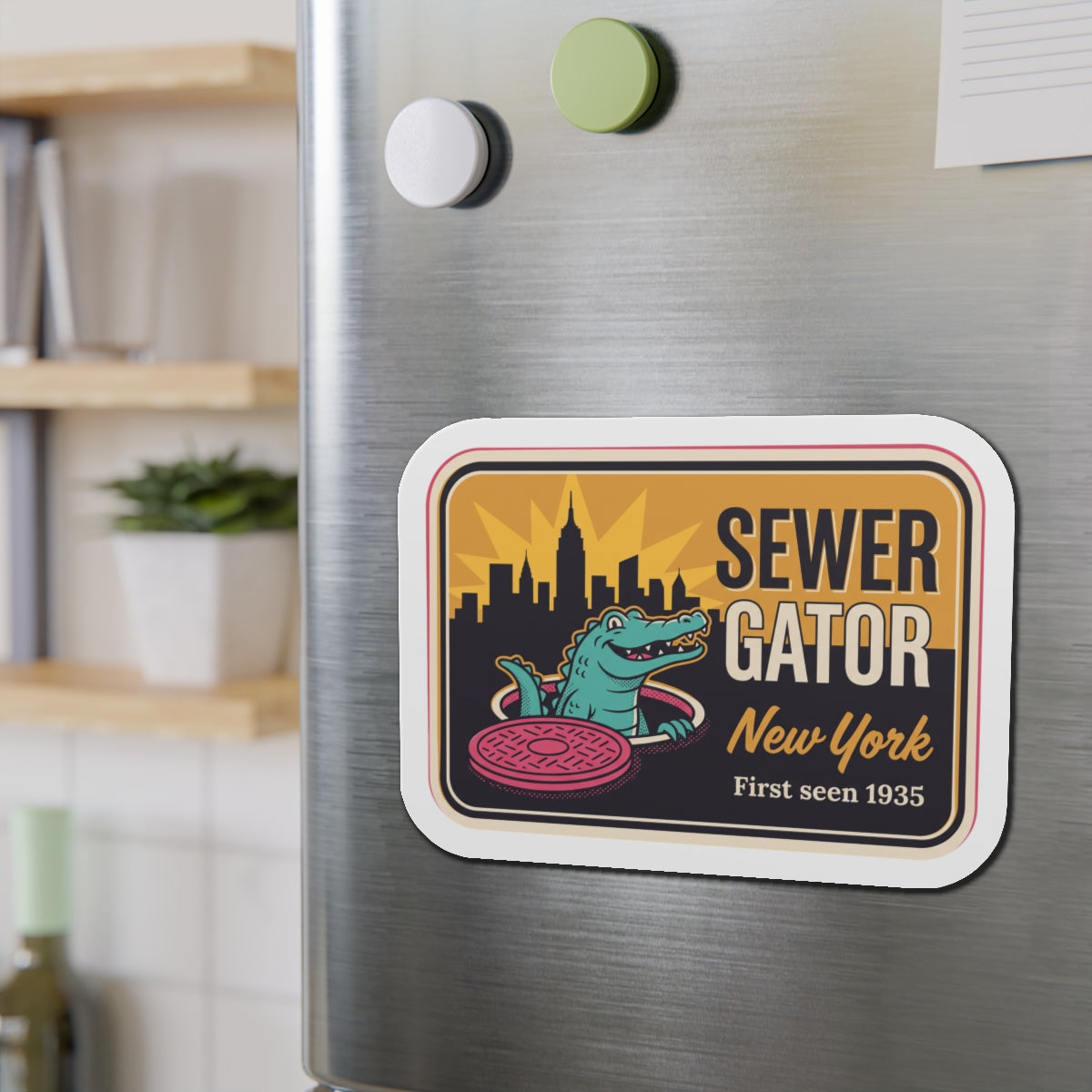 Die-cut refrigerator magnet featuring 'SEWER GATOR' skyline and teal gator, pink lid