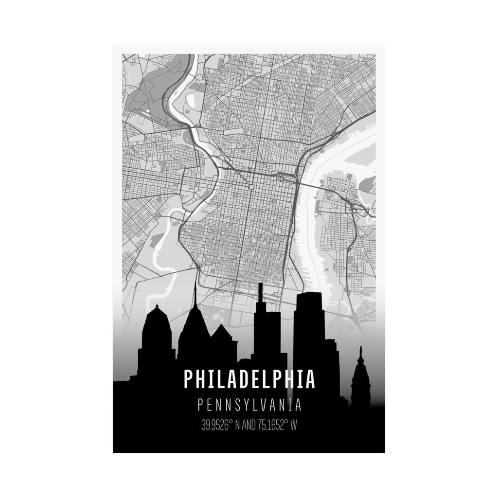 Philadelphia skyline map poster showing city grid lines, skyline silhouettes, and PA coordinates