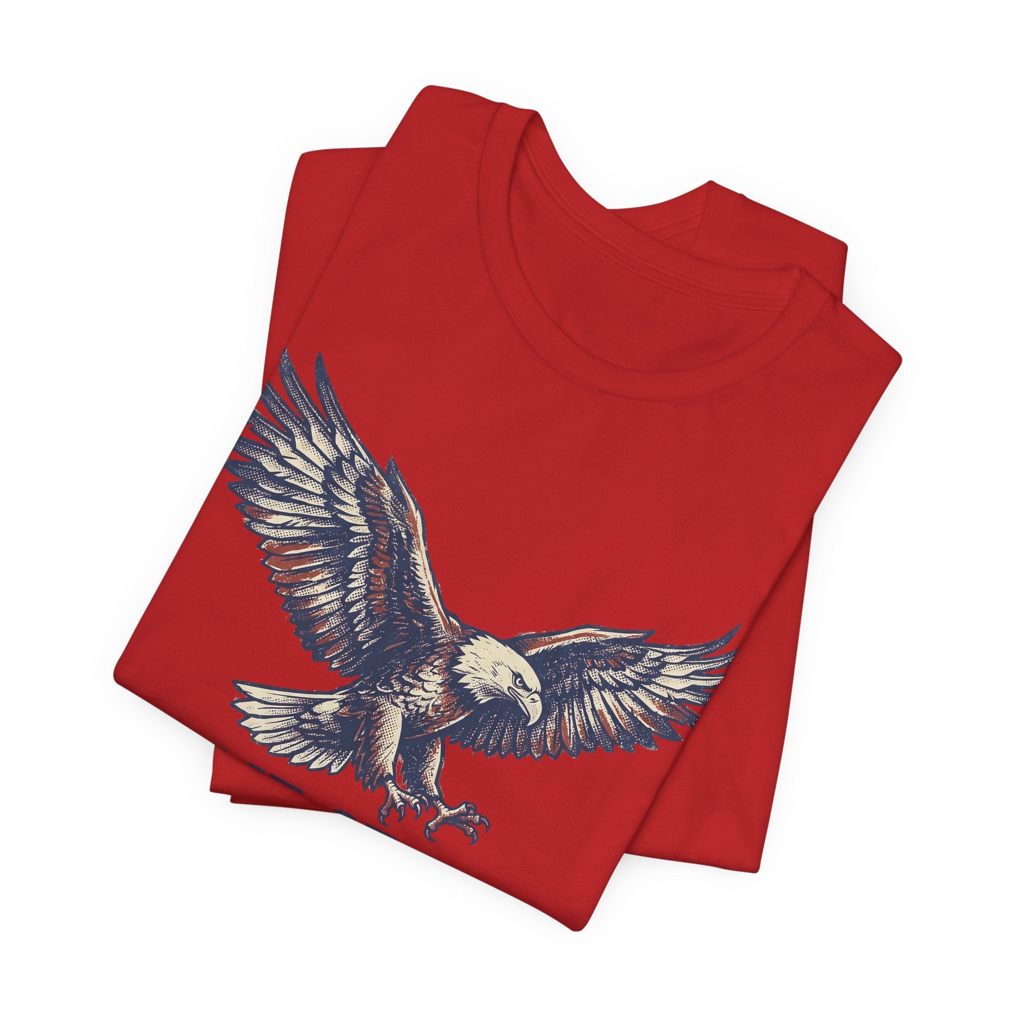 Red graphic T-shirt with blue eagle wing illustration on the chest