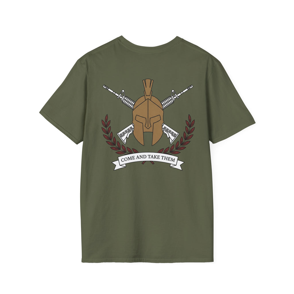 Olive green T-shirt with back graphic: spartan helmet, crossed rifles, and “COME AND TAKE THEM”