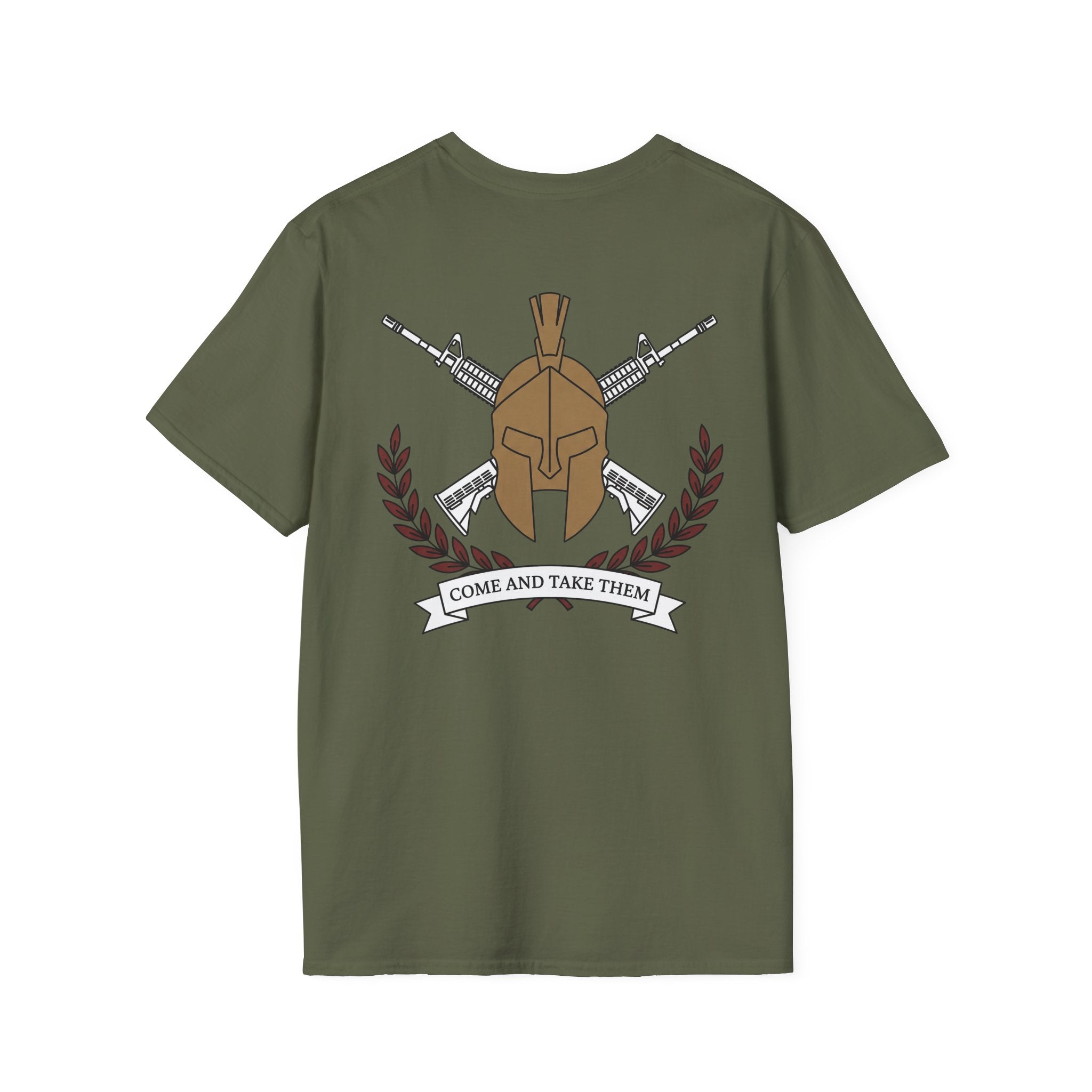 Olive green T-shirt with back graphic: spartan helmet, crossed rifles, and “COME AND TAKE THEM”