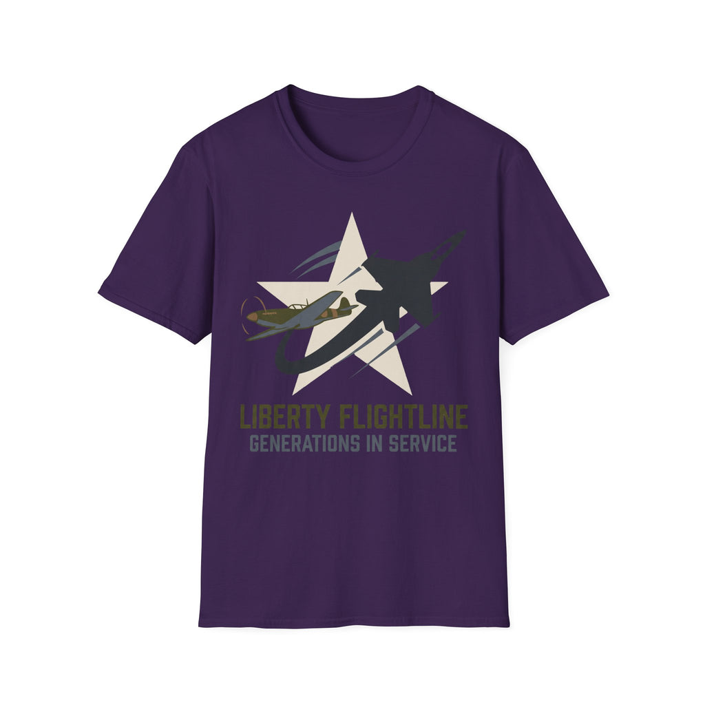 Purple crewneck t-shirt with jet graphic and “Liberty Flightline Generations in Service” print